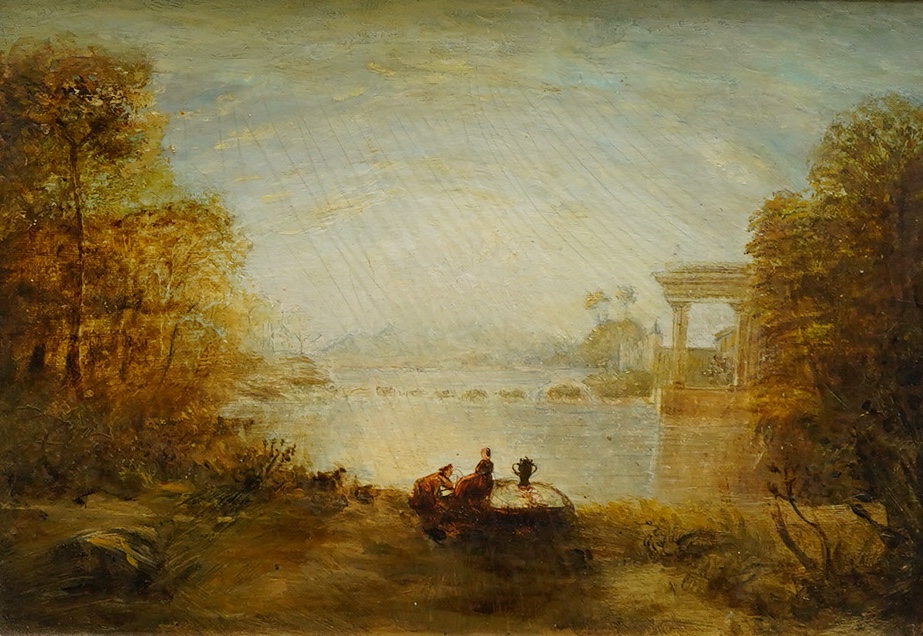 Manner of JMW Turner RA (1775-1851), Italianate lakeside view, ink inscription verso, inscribed JMW Turner, unsigned oil on board, 17 x 24.5cm